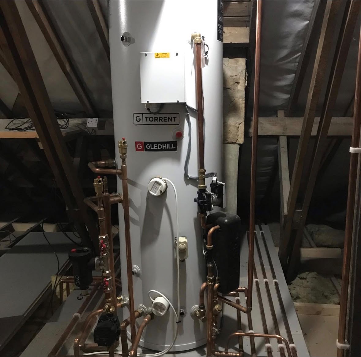 Gledhill Torrent unvented cylinder installation in loft plant space