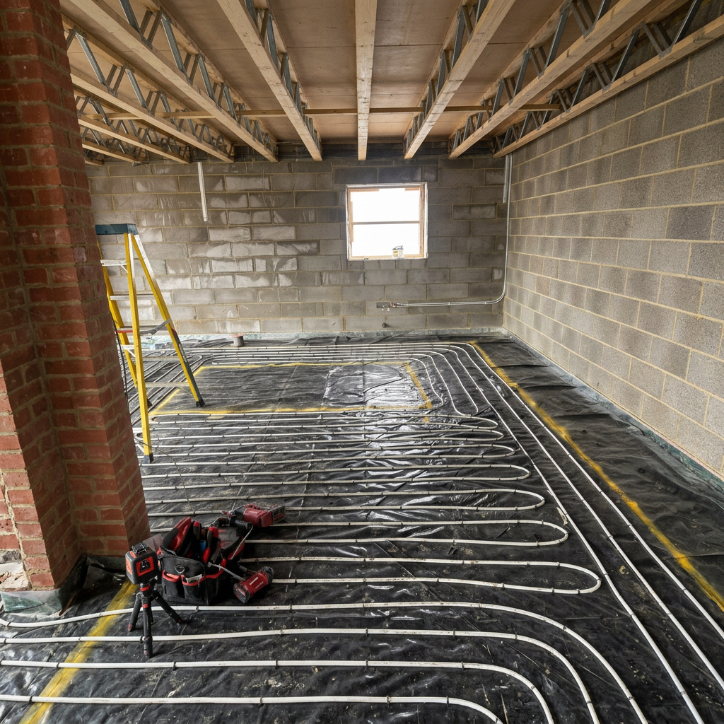 Wet underfloor heating laid in a room under construction