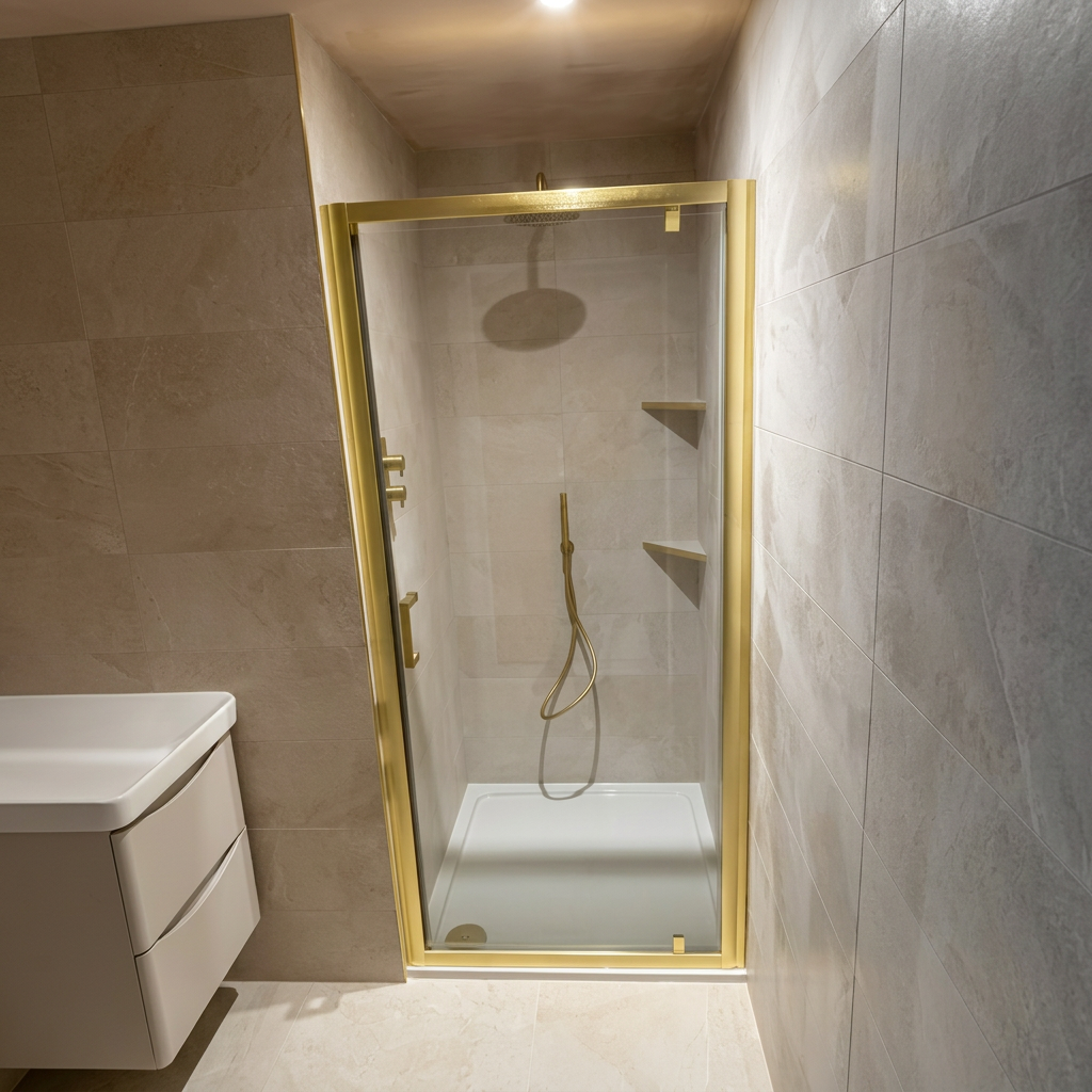 Walk-in shower with glass screen installed in a new bathroom