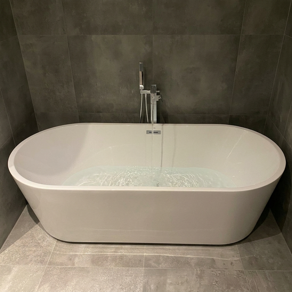 Freestanding bath in a recently completed Greencore bathroom installation
