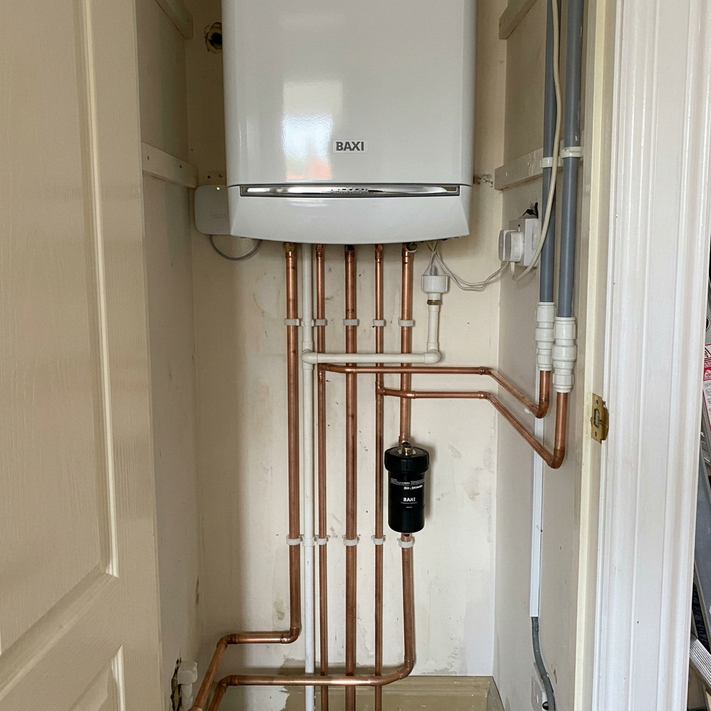 Baxi combi boiler with neat copper pipework in airing cupboard