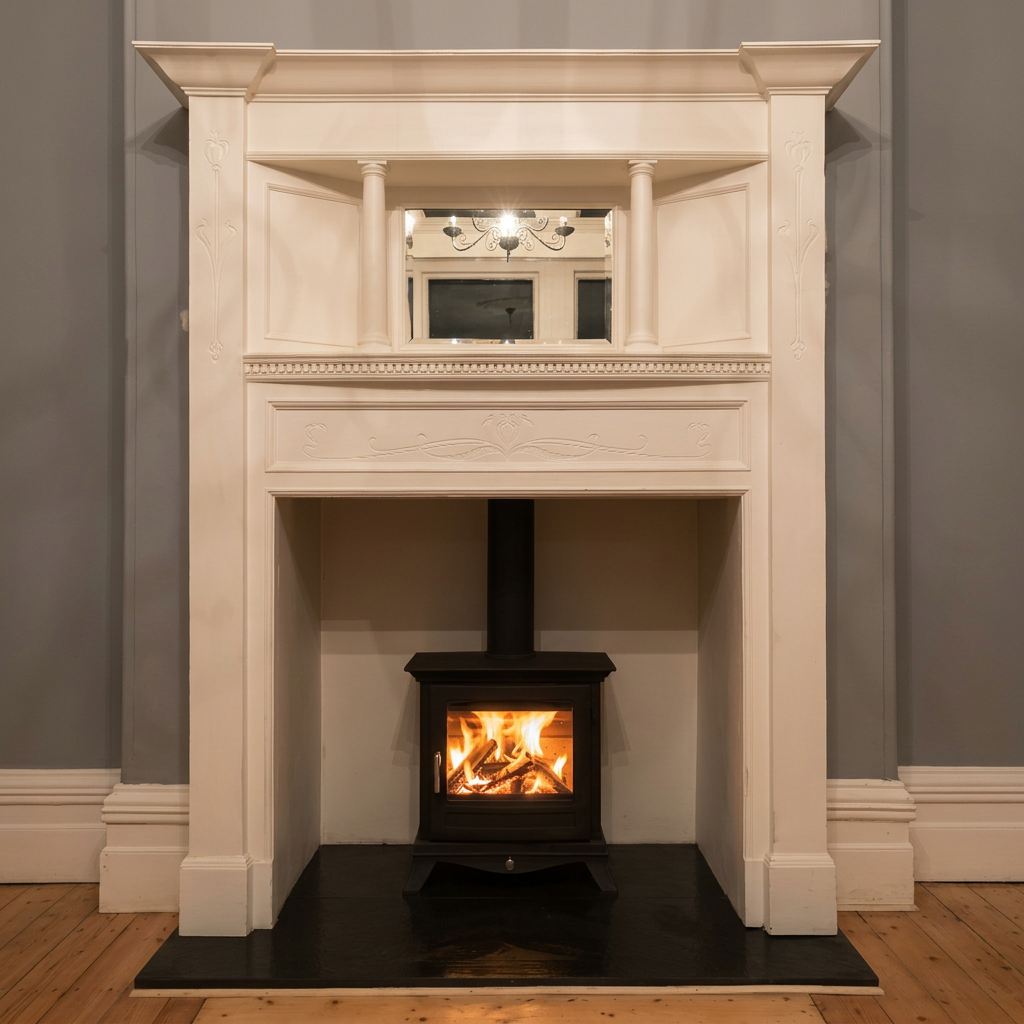Period cream fireplace surround with lit multifuel stove