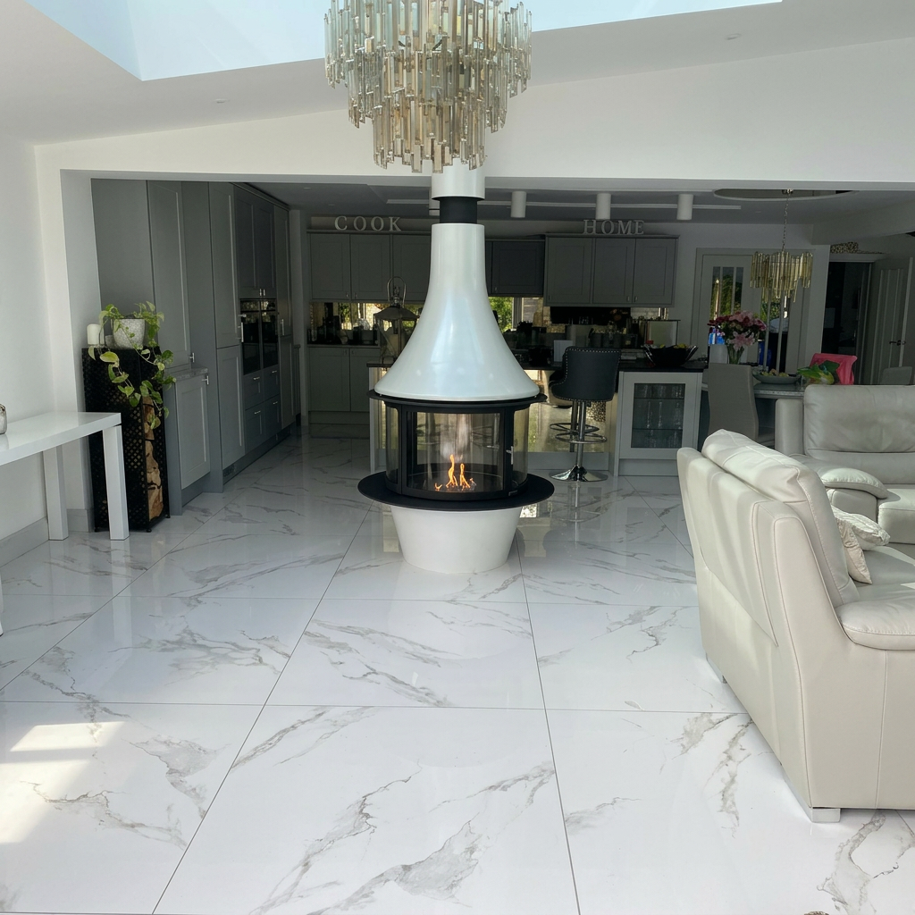 Suspended 360-degree central flue gas fire feature